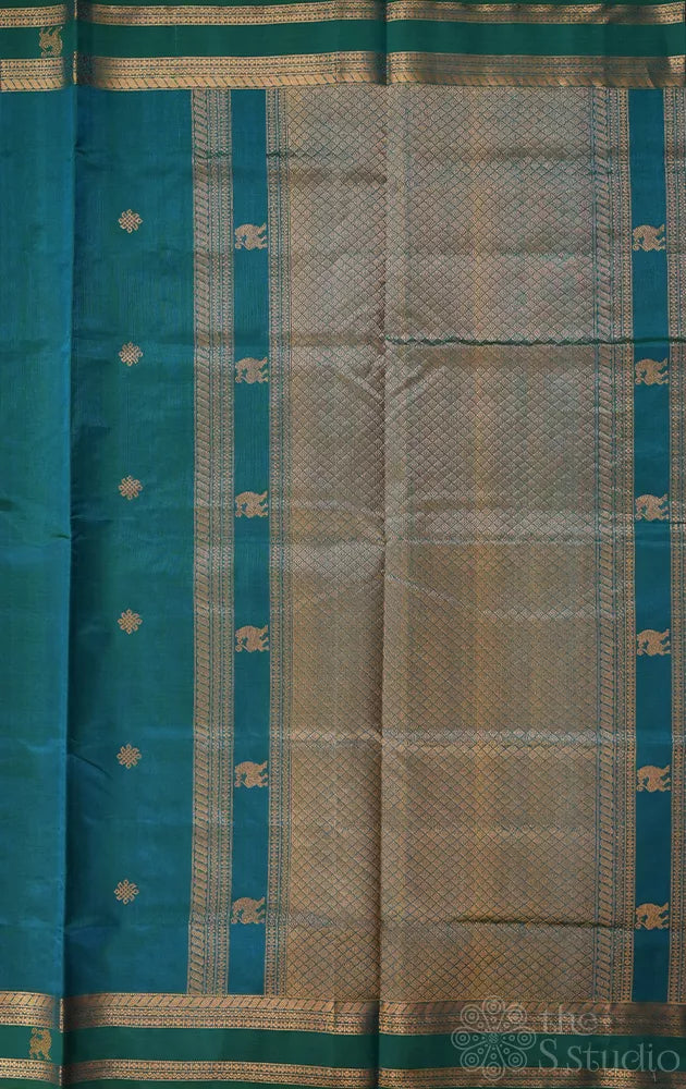 Teal blue silk cotton saree with rettai pet border
