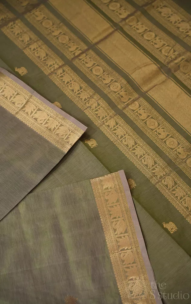 Light Pista green silk cotton saree with zari border