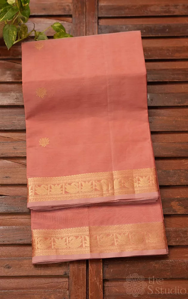 Onion pink handloom silk cotton saree with pichwai design motifs