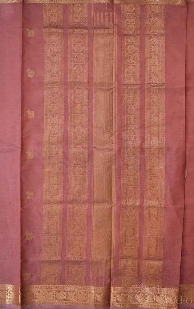 Onion pink handloom silk cotton saree with pichwai design motifs