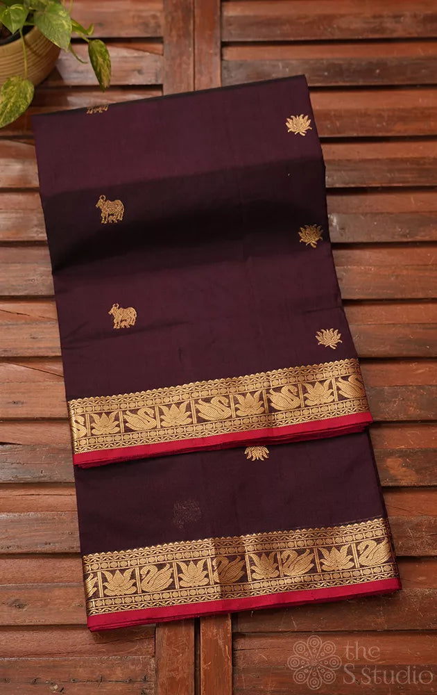 Dark brown handloom silk cotton saree with zari border