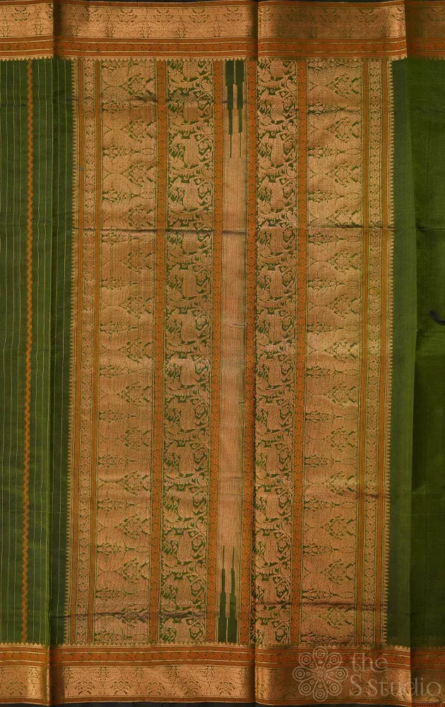 Green silk cotton saree with vertical lines and zari border