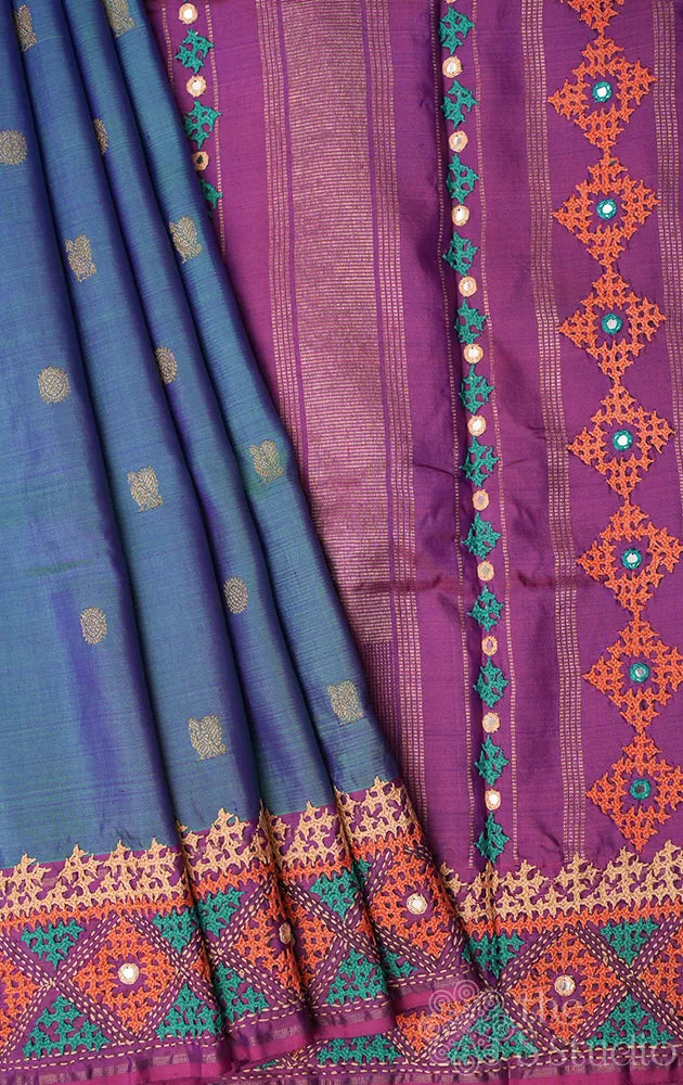 Peacock blue kanchipuram silk saree with hand kutch embroidery