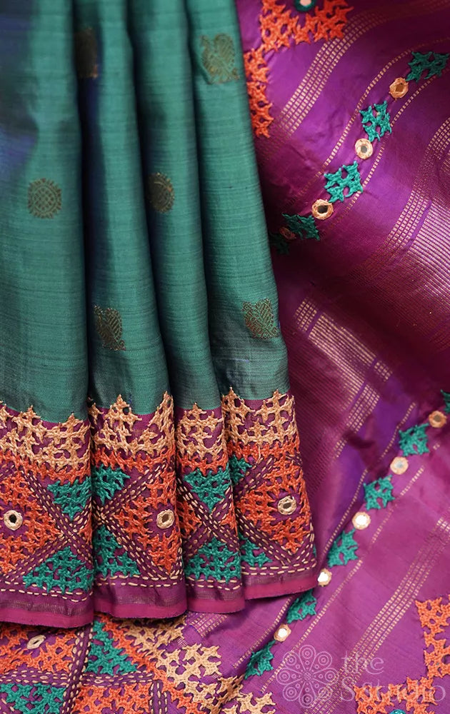 Peacock blue kanchipuram silk saree with hand kutch embroidery
