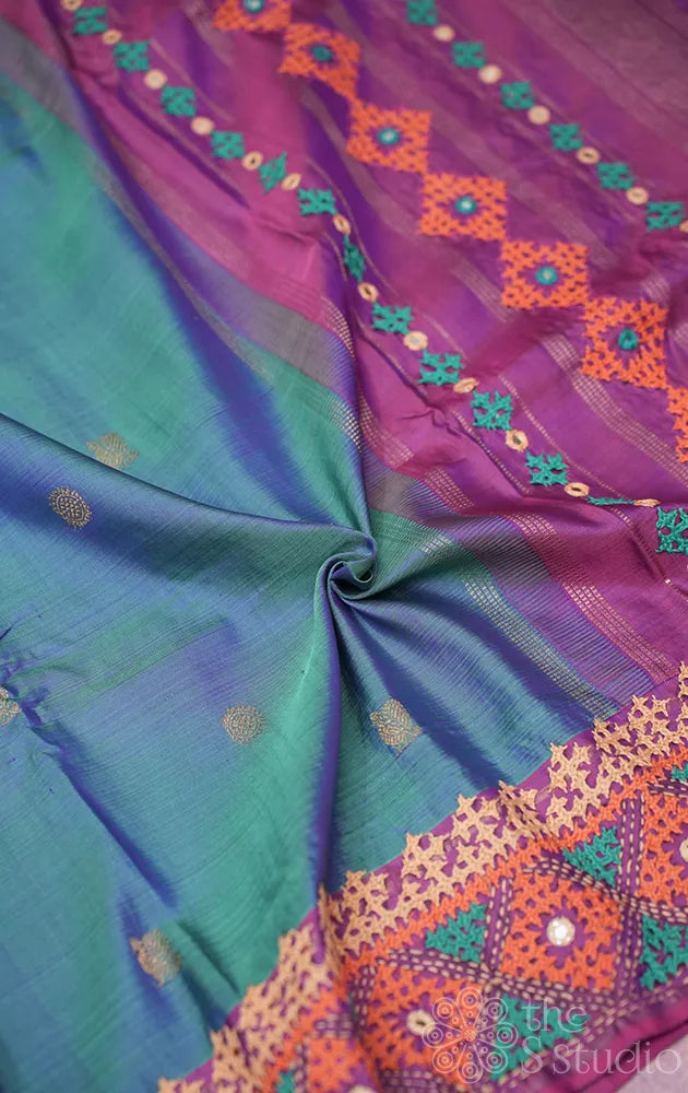 Peacock blue kanchipuram silk saree with hand kutch embroidery