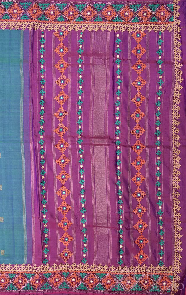 Peacock blue kanchipuram silk saree with hand kutch embroidery