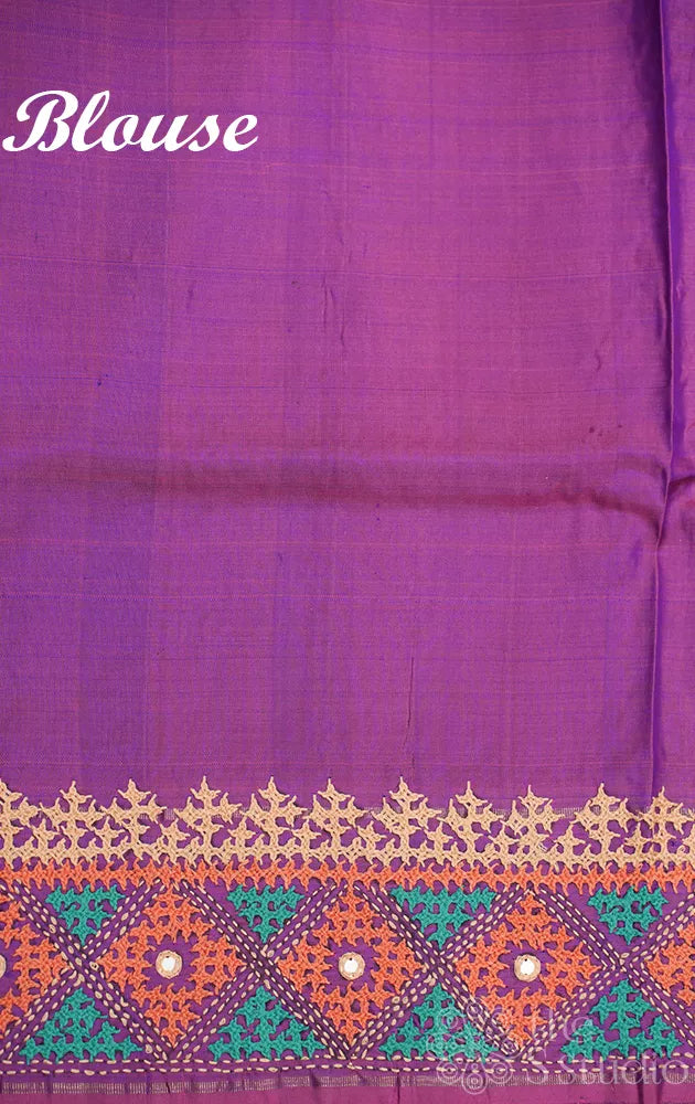 Peacock blue kanchipuram silk saree with hand kutch embroidery