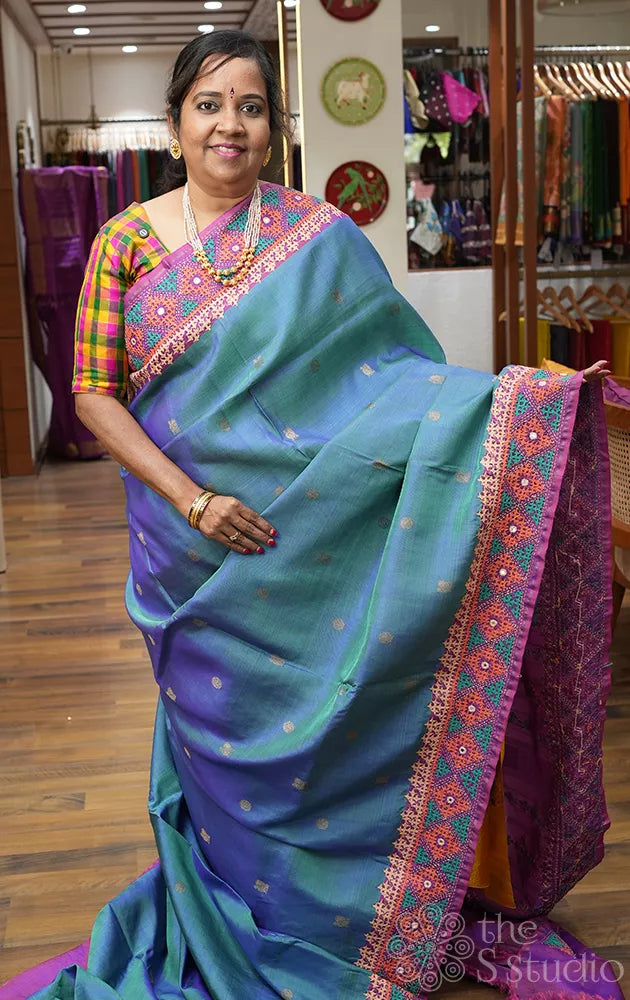 Peacock blue kanchipuram silk saree with hand kutch embroidery