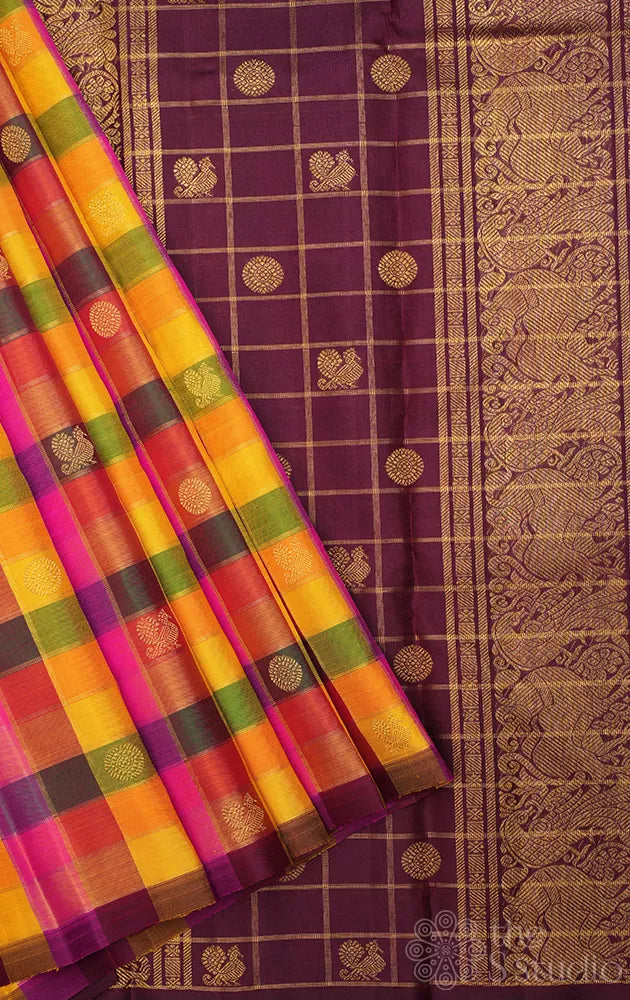 Paalum pazhamum checks kanchi silk saree in shades of yellow, pink and green