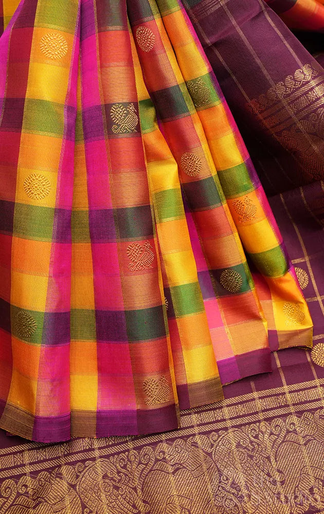 Paalum pazhamum checks kanchi silk saree in shades of yellow, pink and green
