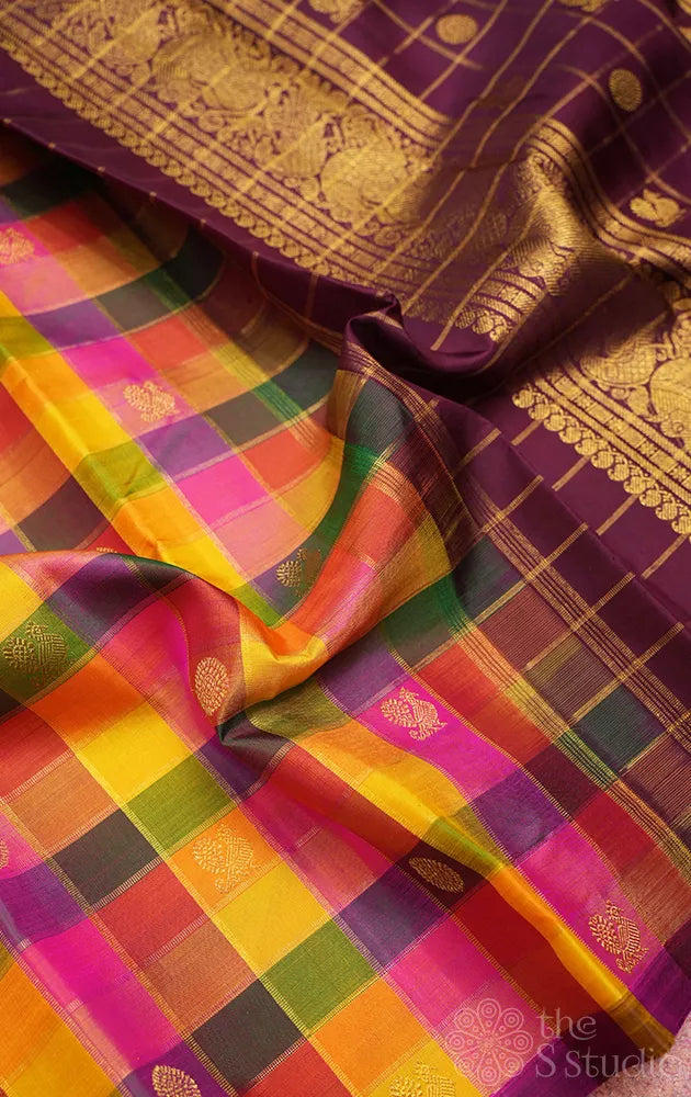 Paalum pazhamum checks kanchi silk saree in shades of yellow, pink and green