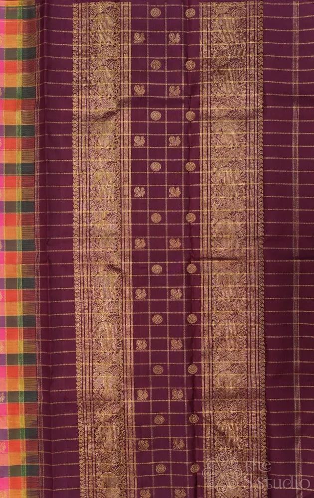 Paalum pazhamum checks kanchi silk saree in shades of yellow, pink and green