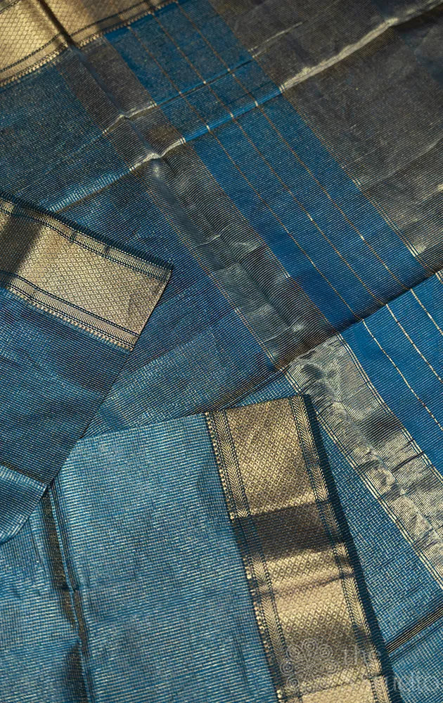 Teal blue maheshwari silk cotton saree with zari border