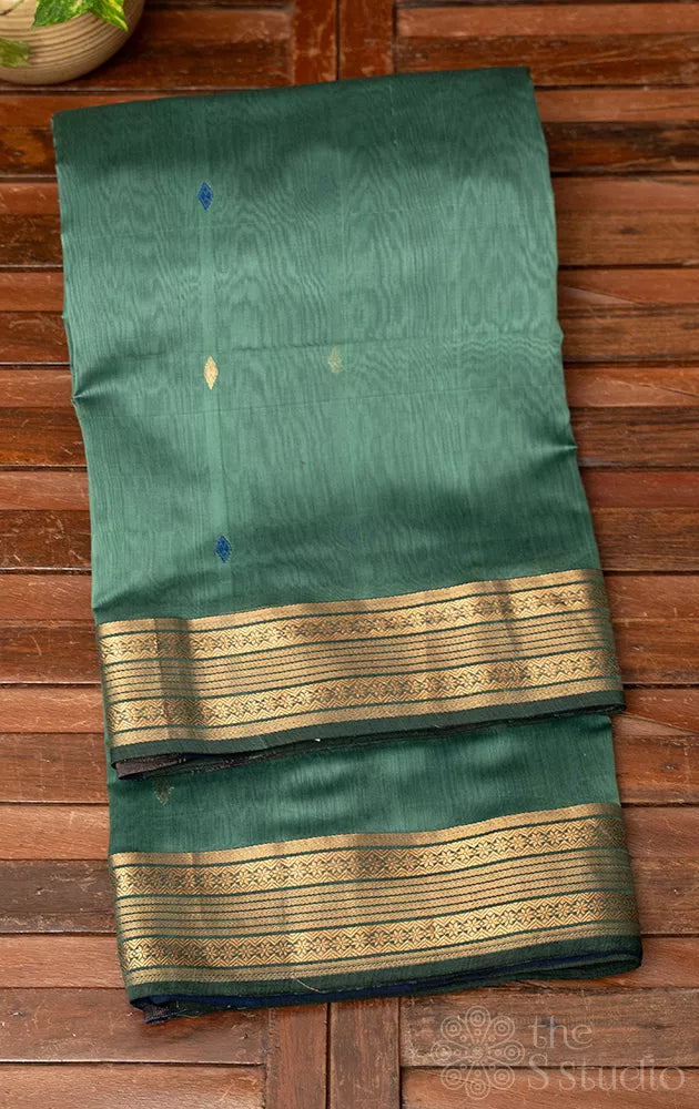 Sage green maheshwari silk coton saree with small buttas and zari border