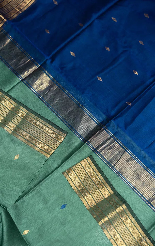 Sage green maheshwari silk coton saree with small buttas and zari border
