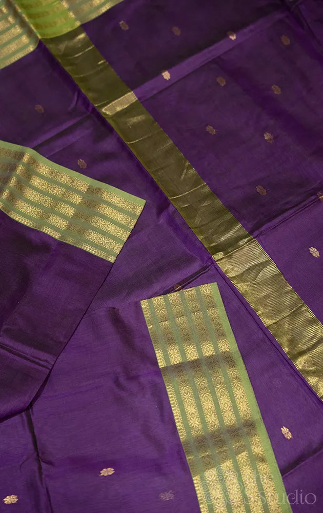 Violet maheshwari silk cotton saree with green border