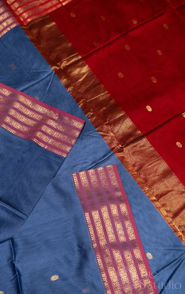Greyish blue maheshwari silk cotton saree with red zari border