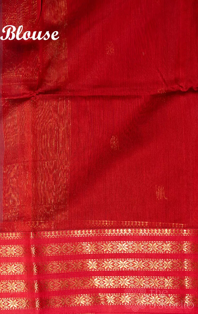Greyish blue maheshwari silk cotton saree with red zari border