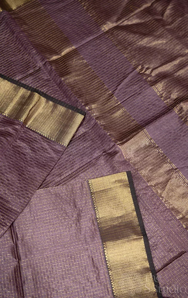 Mauve brown maheshwari silk cotton saree with zari checks