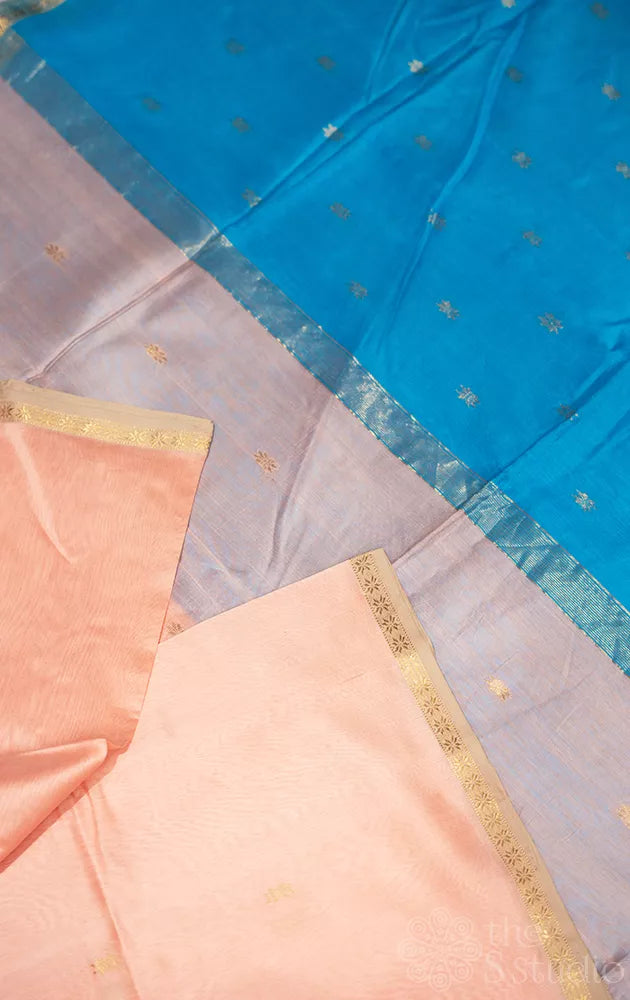 Peach maheshwari silk cotton saree with contrast pallu