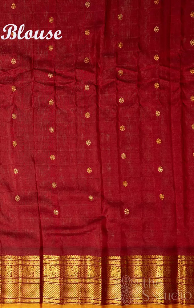 Sea green colour checked gadwal silk saree with maroon kuttu border