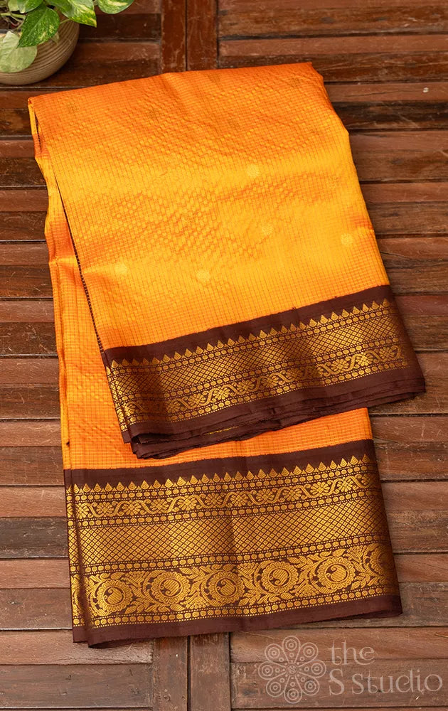 Mango yellow gadwal silk saree with brown border