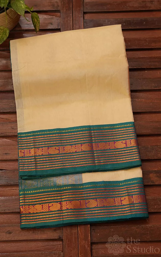 Off white with teal blue korvai border silk cotton saree