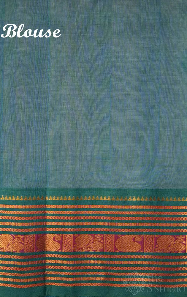 Off white with teal blue korvai border silk cotton saree