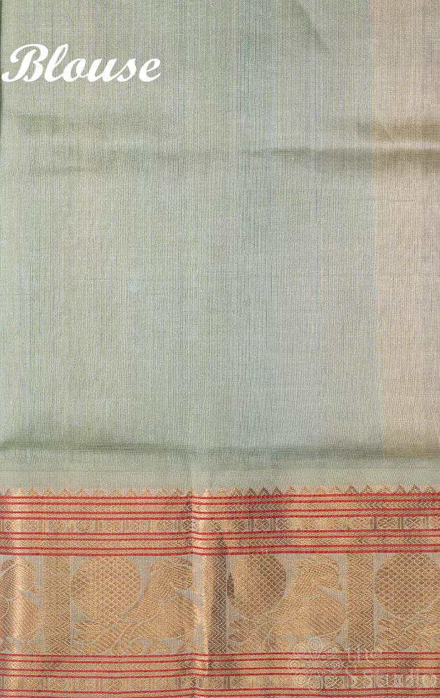 Sea green plain silk cotton saree with korvai border
