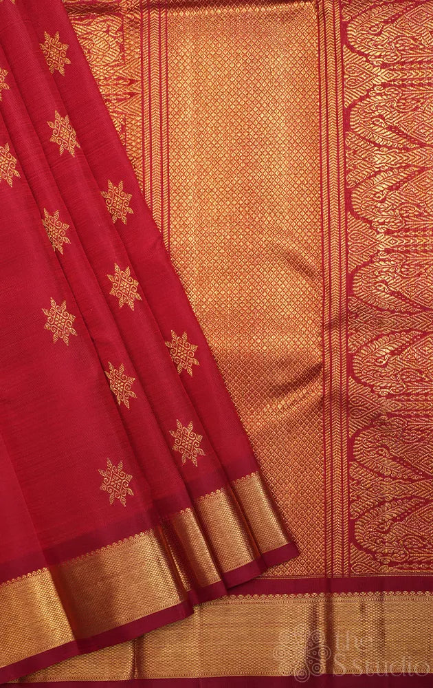 Maroon kanchipuram silk saree with all over buttas and getti border
