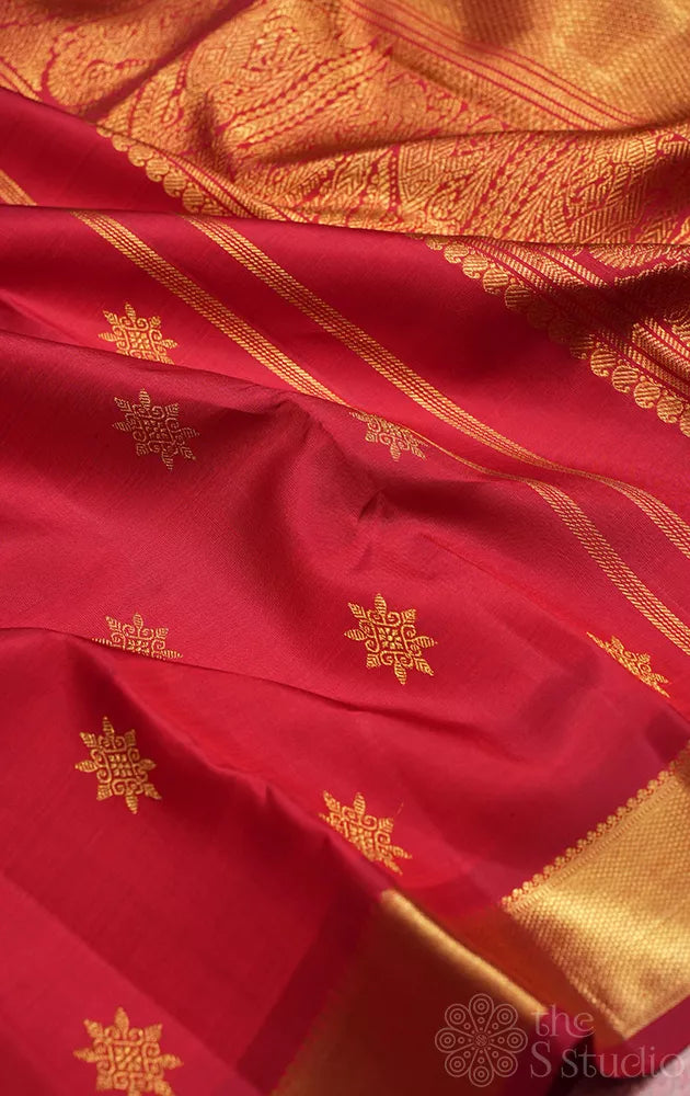 Maroon kanchipuram silk saree with all over buttas and getti border
