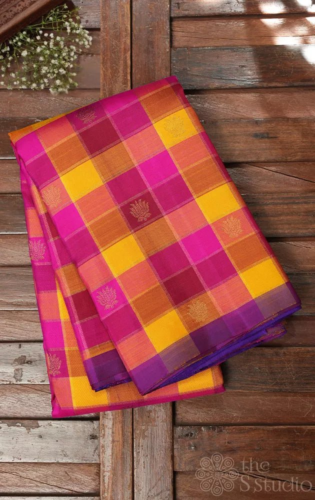 Paalum Pazhamum checks kanchi silk saree with violet pallu
