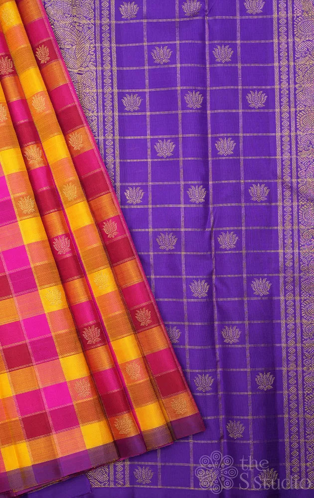 Paalum Pazhamum checks kanchi silk saree with violet pallu