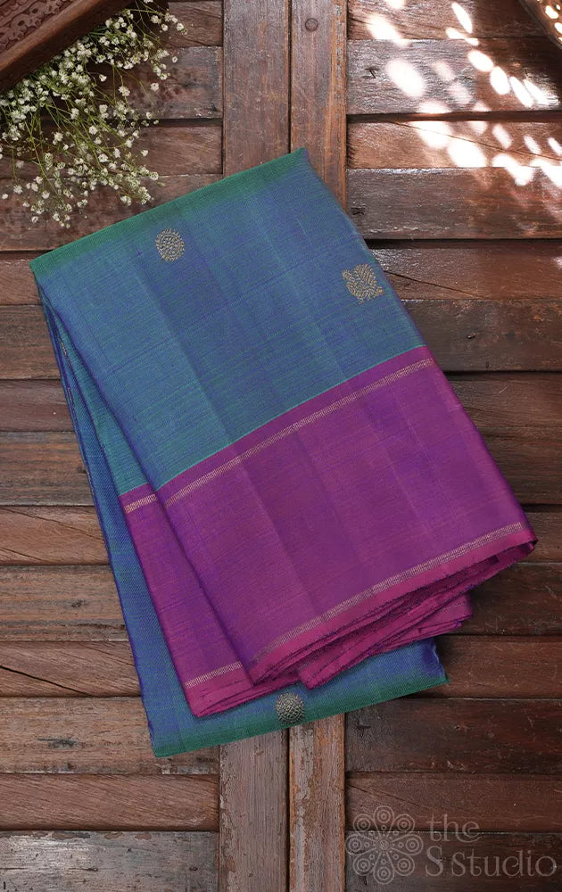 Peacock blue kanjivaram silk saree with purple border