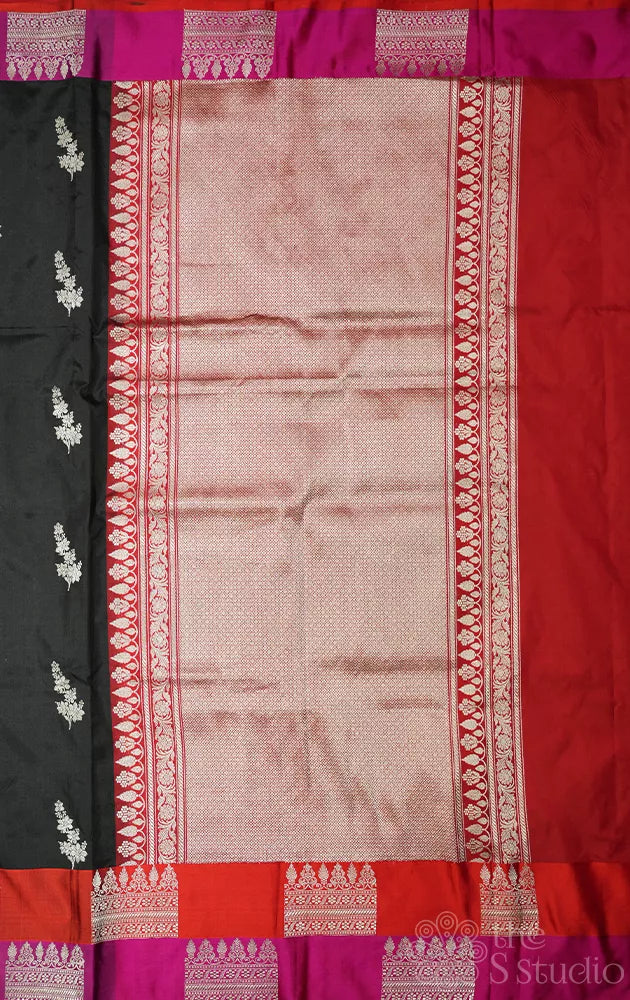 Black katan banarasi silk saree with double colour border
