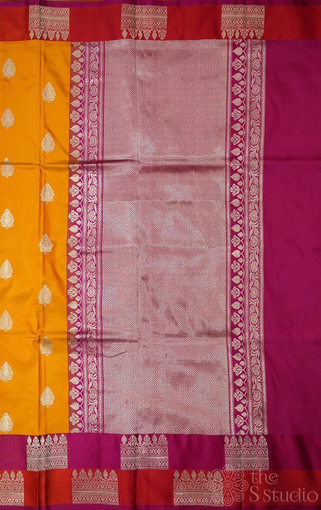 Mango yellow katan banarasi silk saree with double colour border