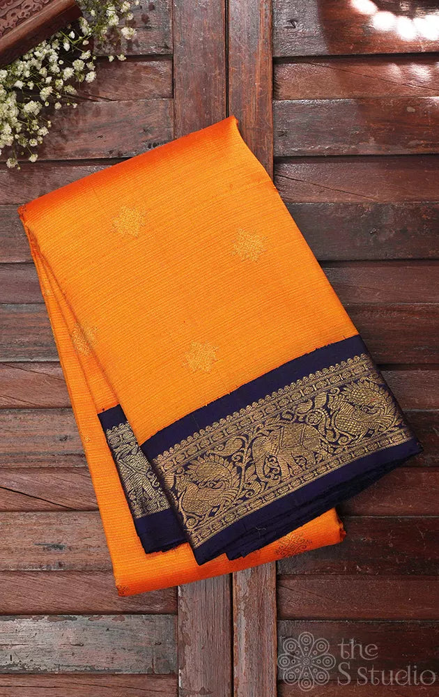 Mango yellow kolam butta vaira oosi kanchi silk saree with korvai border