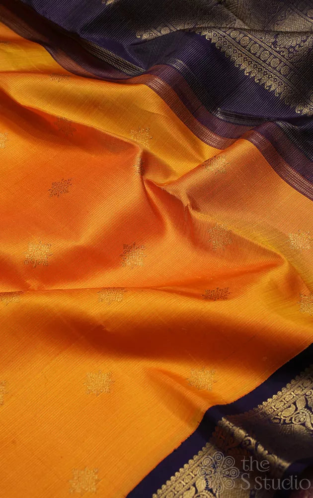 Mango yellow kolam butta vaira oosi kanchi silk saree with korvai border