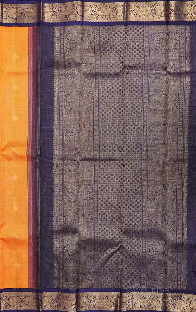 Mango yellow kolam butta vaira oosi kanchi silk saree with korvai border
