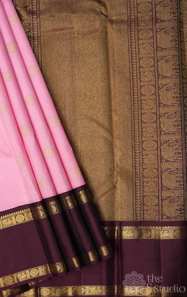 Pink kanchi silk saree with korvai brown rettai pet border