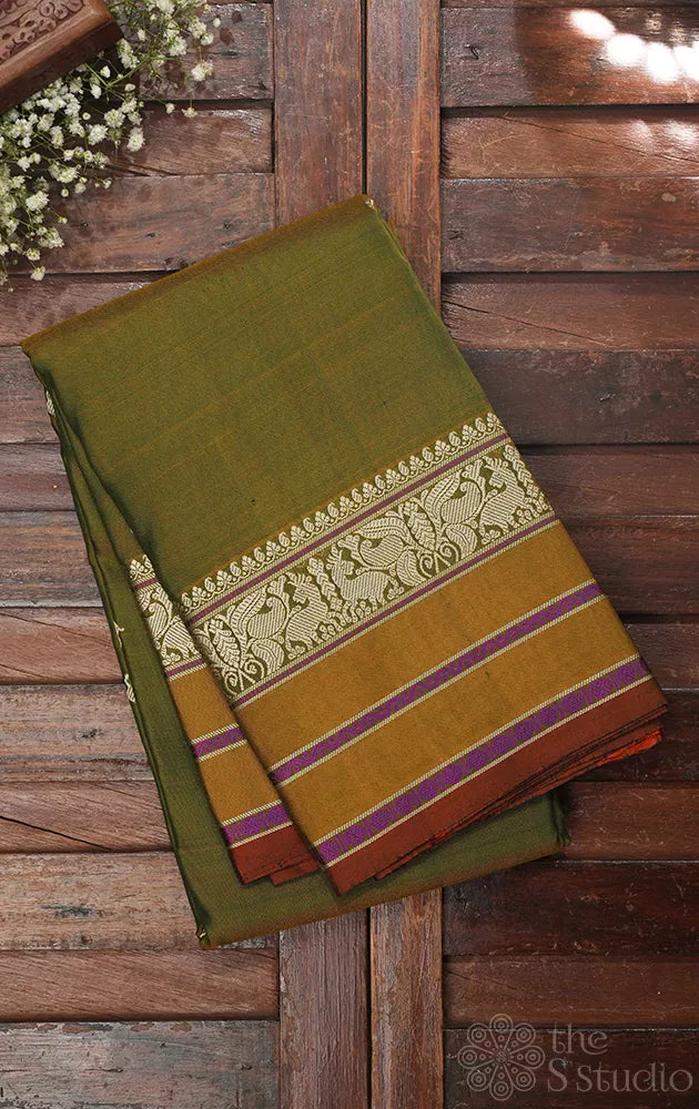 Chutney green threadwork kanchi pattu saree with sorgavasaal pallu