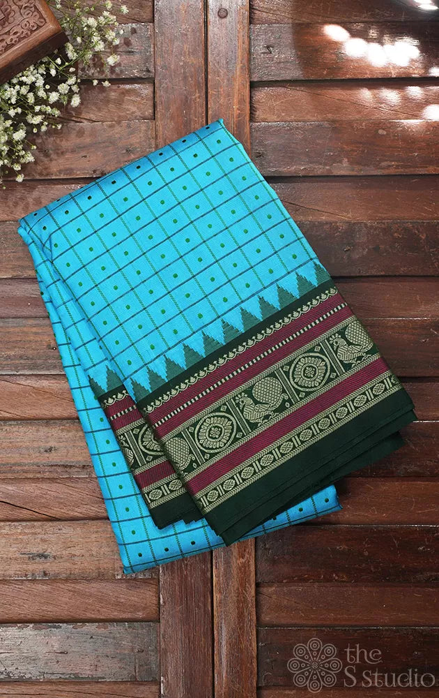Anandha blue threadwork kanjivaram saree with korvai green border