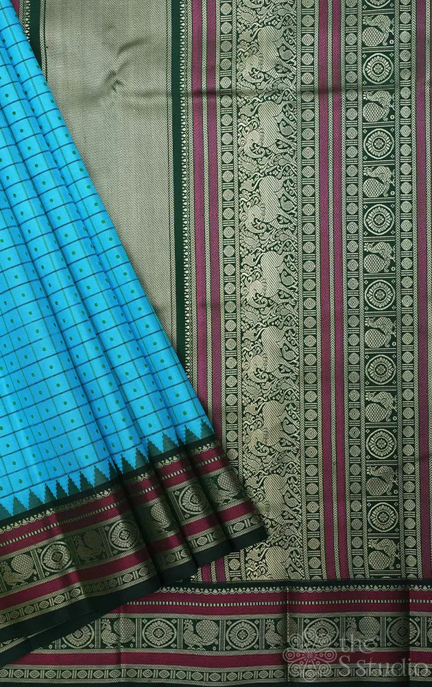 Anandha blue threadwork kanjivaram saree with korvai green border