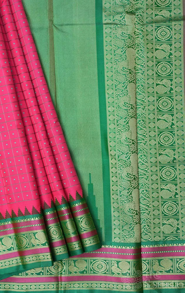Salmon pink threadwork kanjivaram saree with korvai green border