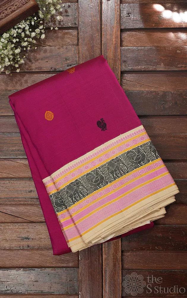Magenta threadwork kanchi silk saree with halfwhite border