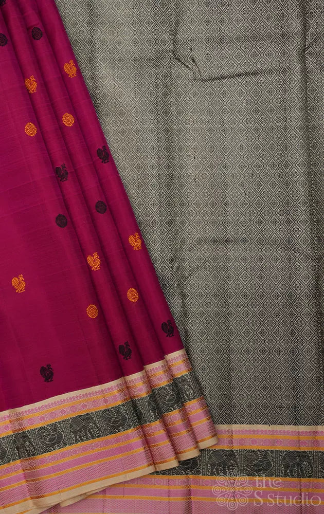 Magenta threadwork kanchi silk saree with halfwhite border