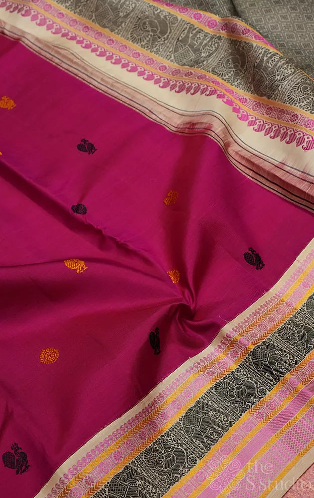 Magenta threadwork kanchi silk saree with halfwhite border