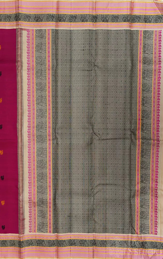 Magenta threadwork kanchi silk saree with halfwhite border