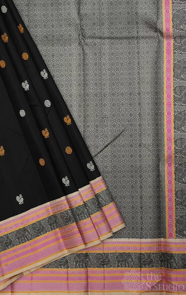 Black threadwork kanchi silk saree with halfwhite border