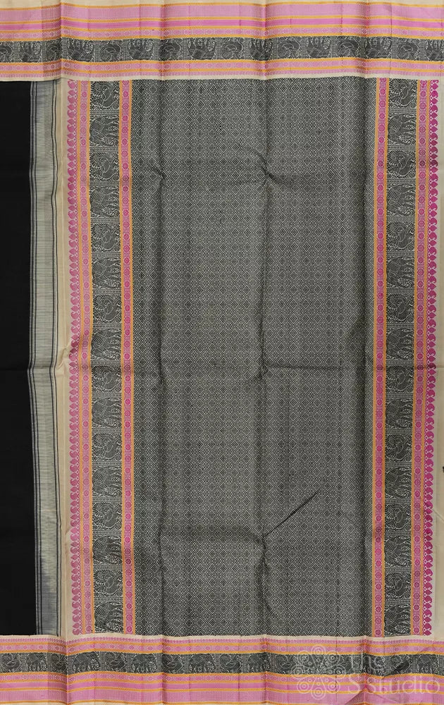 Black threadwork kanchi silk saree with halfwhite border